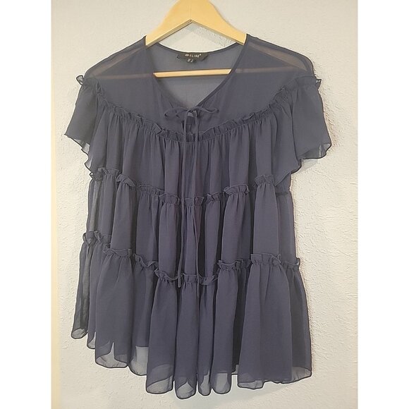 Elise Size Small Navy Blue Sheer Tiered Blouse - Picture 2 of 5